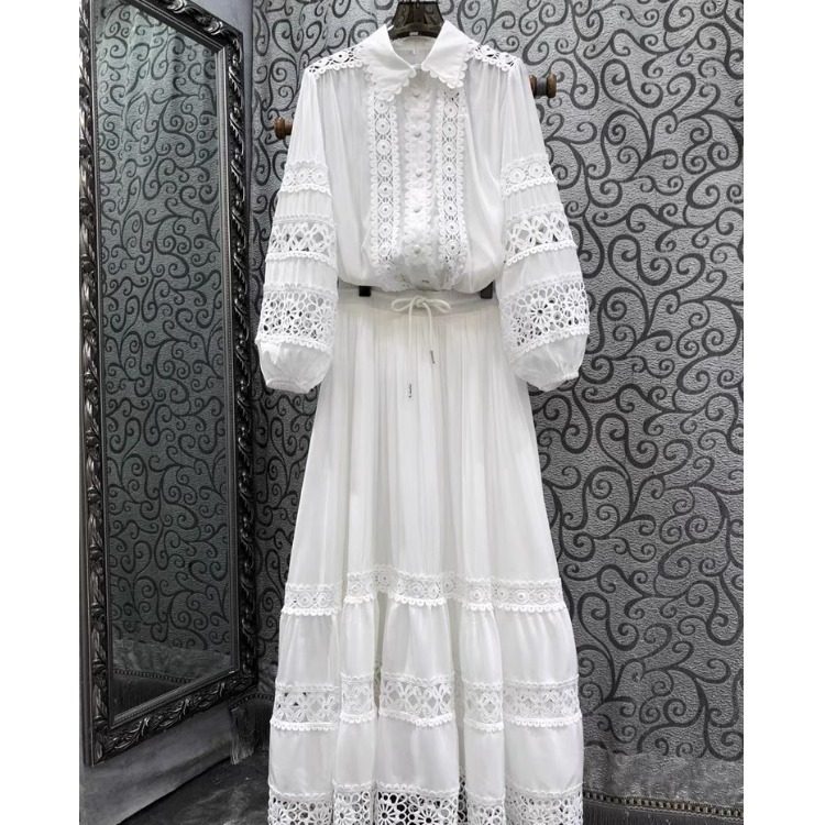 2026百搭时尚新品翻领拼接花边灯笼袖衬衣+高腰半裙套装