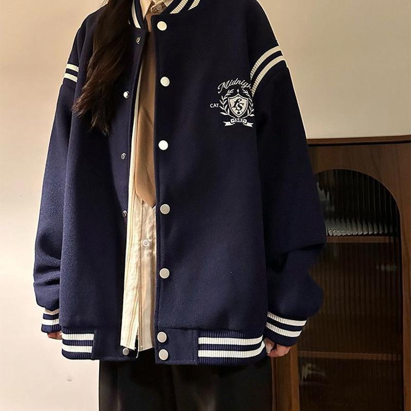 美式复古学院风外套刺绣毛呢拼接宽松百搭夹克秋冬季通勤棒球服
