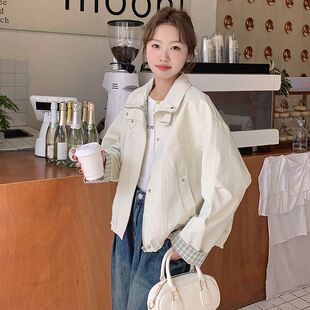 米白色韩系休闲工装短外套女春季2025新款小个子宽松百搭夹克上衣