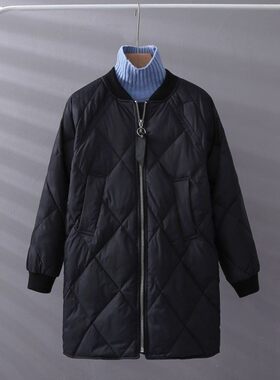 棉服中长款2020秋冬新款韩版棒球羽绒棉服韩版宽松菱形加棉外套女