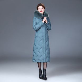 2023新款3D印花蓝绿色羽绒服加长加厚加大码羽绒服修身显瘦时尚潮