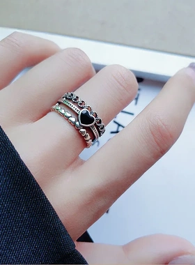 s925纯银夸张指环女潮欧美复古风做旧霸气宽版爱心百搭戒指