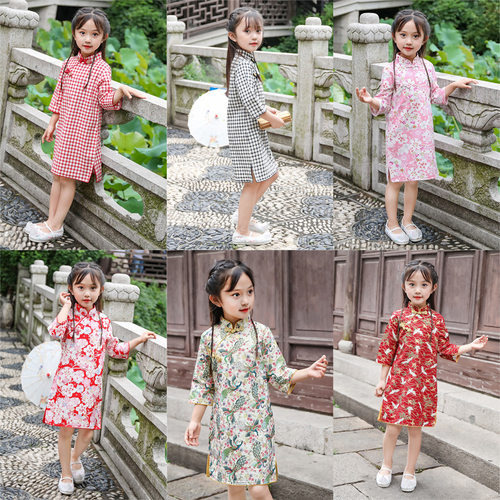 女童改良中袖旗袍连衣裙春秋款