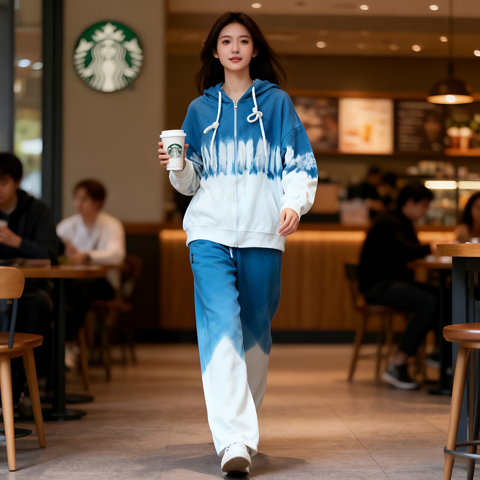 扎染扎染连帽卫衣休闲运动服套装女春秋新款宽松连帽外套女两件套