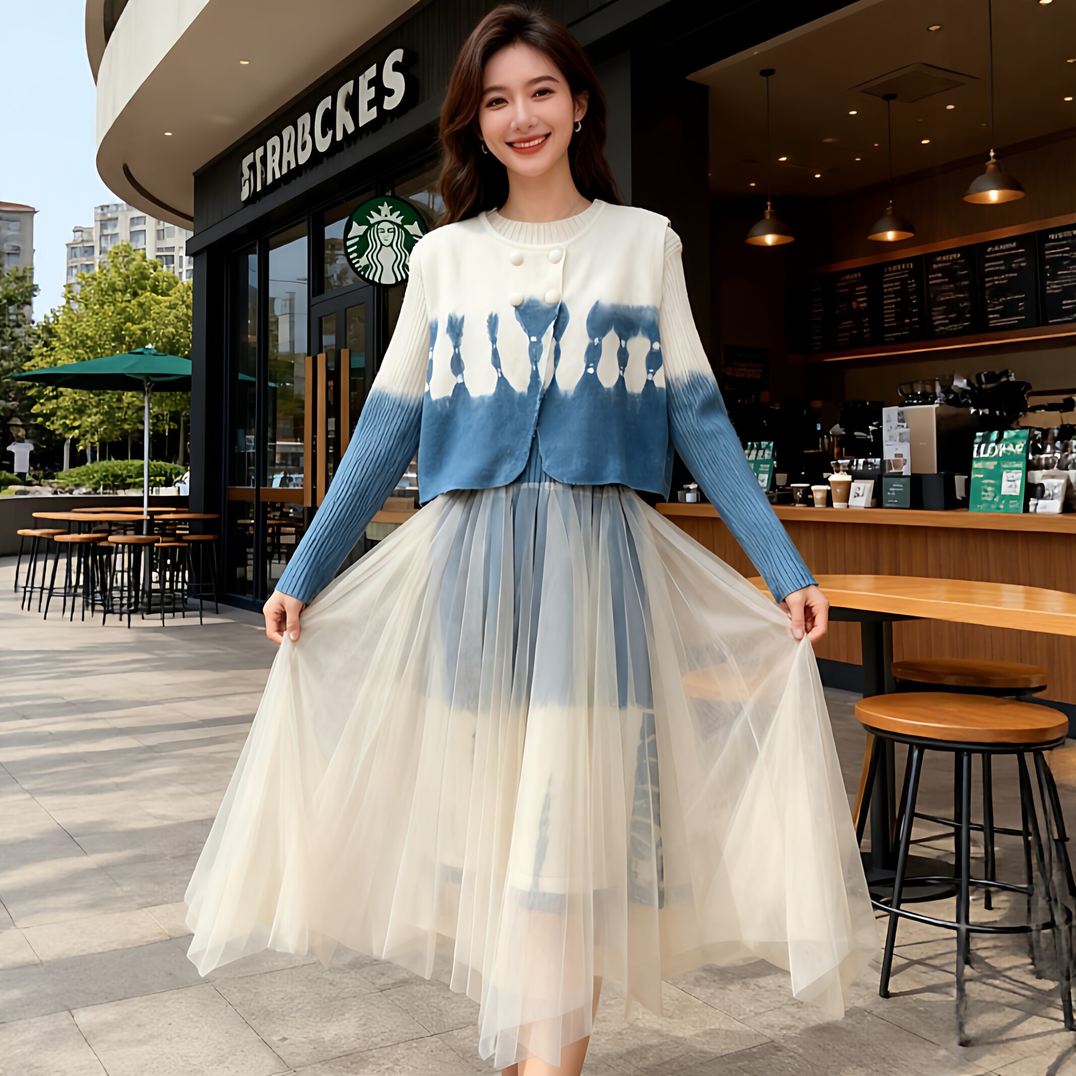 扎染秋冬款长袖针织套装连衣裙女小个子高级洋气毛衣裙两件套裙子