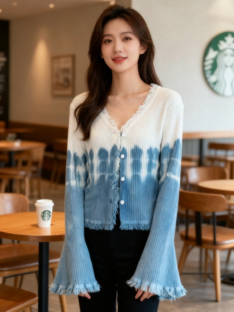 手工扎染针织V领开衫女短款秋季百搭显瘦毛衣外套长袖短款上衣女