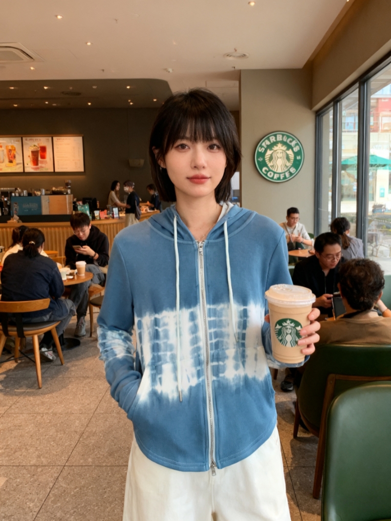 韩版扎染连帽卫衣女开衫蓝白渐变休闲百搭针织衫女式春秋款潮外套