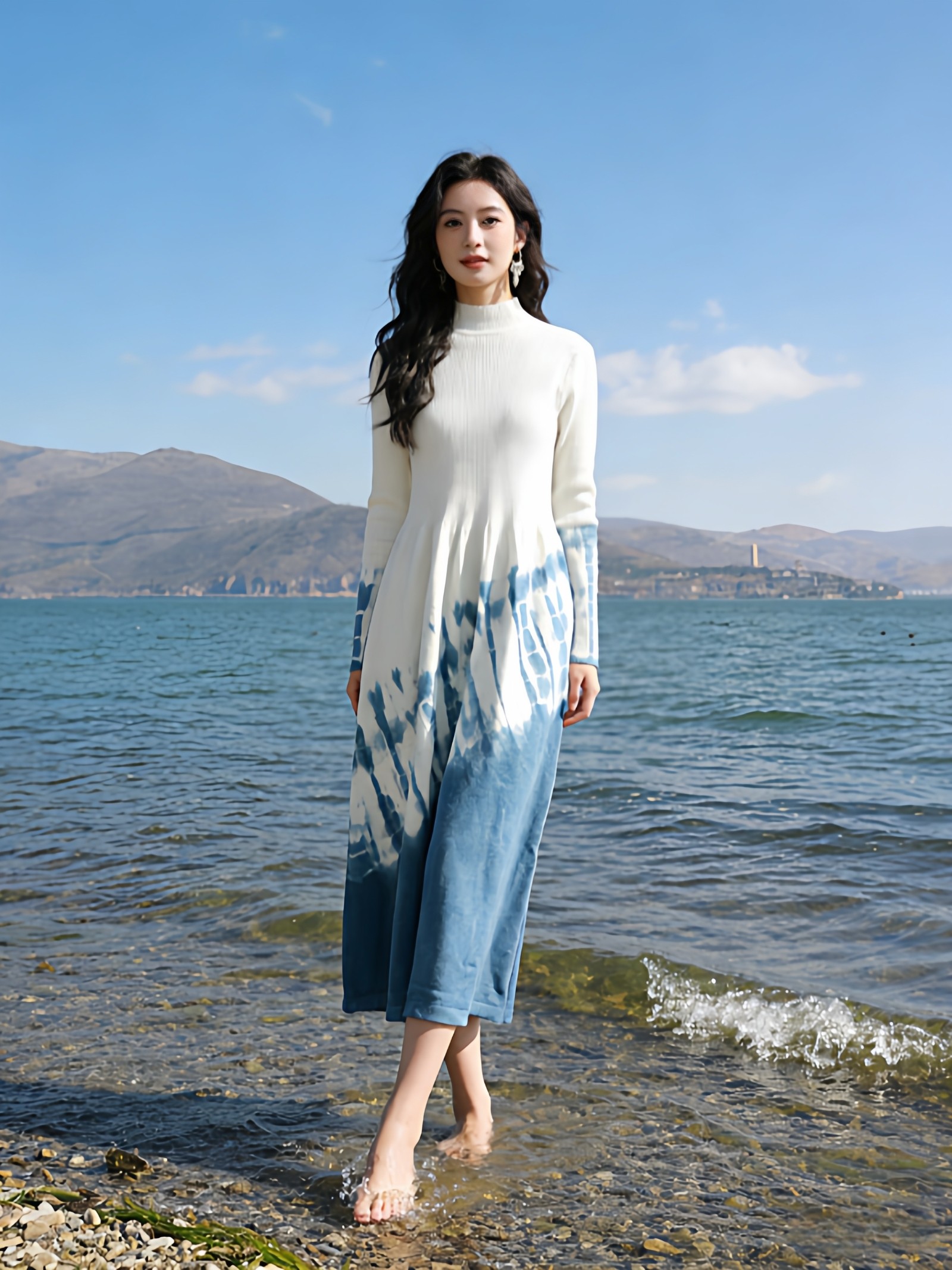 扎染收腰显瘦针织连衣裙女2026春季新款半高领打底毛衣裙a字长裙