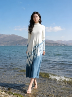 扎染收腰显瘦针织连衣裙女2026春季新款半高领打底毛衣裙a字长裙