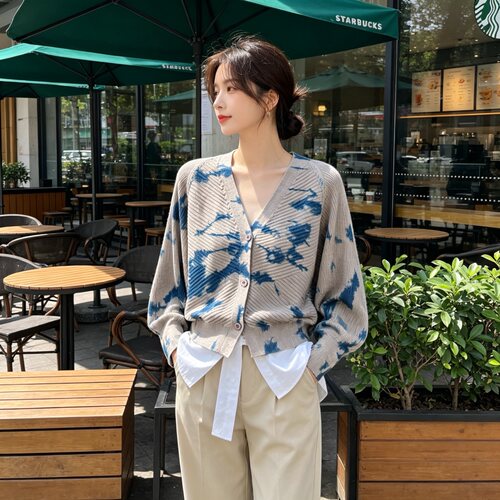 原创设计扎染v领毛衣外套女春秋新款复古百搭慵懒风针织开衫上衣