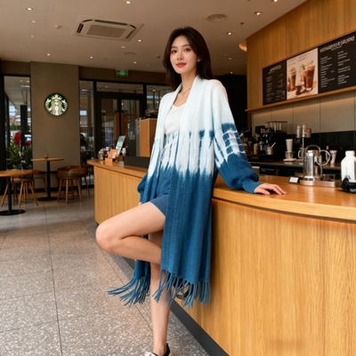 扎染秋冬秋冬针织开衫女中长款外搭蝙蝠长袖流苏外套时尚百搭披肩