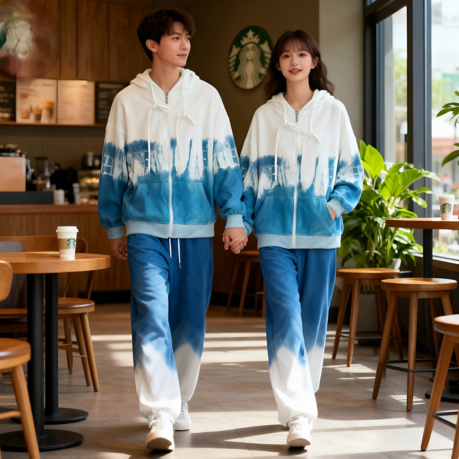 扎染情侣运动套装秋冬休闲连帽外套长裤两件套宽松男女款卫衣开衫
