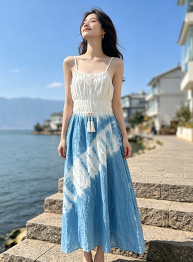 扎染吊带连裙女夏2026新款波西米亚松紧腰显瘦长裙海边度假沙滩裙