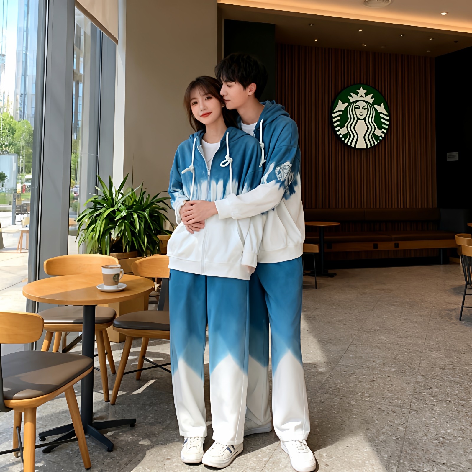 扎染情侣运动套装秋冬休闲连帽外套长裤两件套宽松男女款卫衣开衫