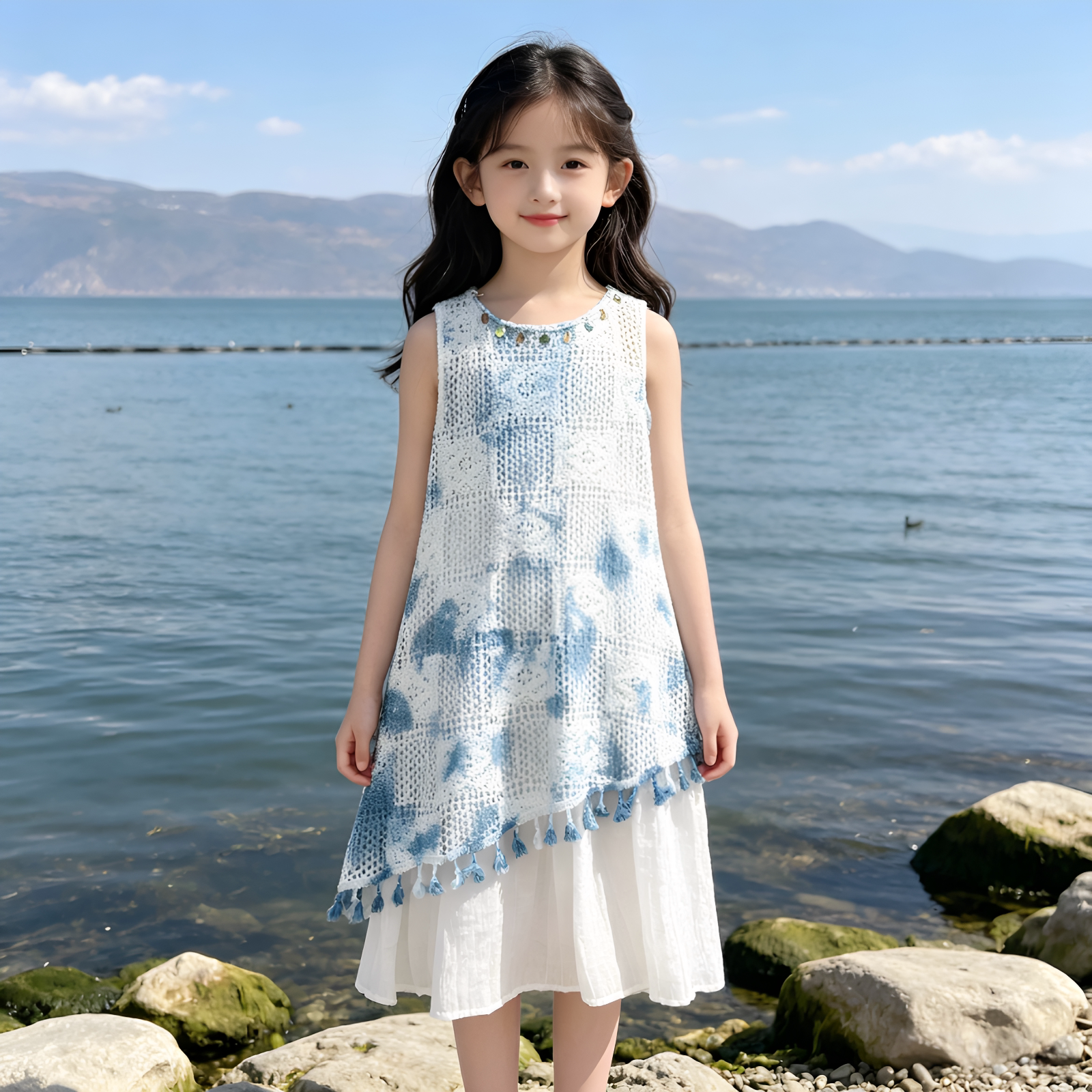 云南扎染童装无袖连衣裙夏季无袖背心长裙海边度假裙儿童流苏裙子图片