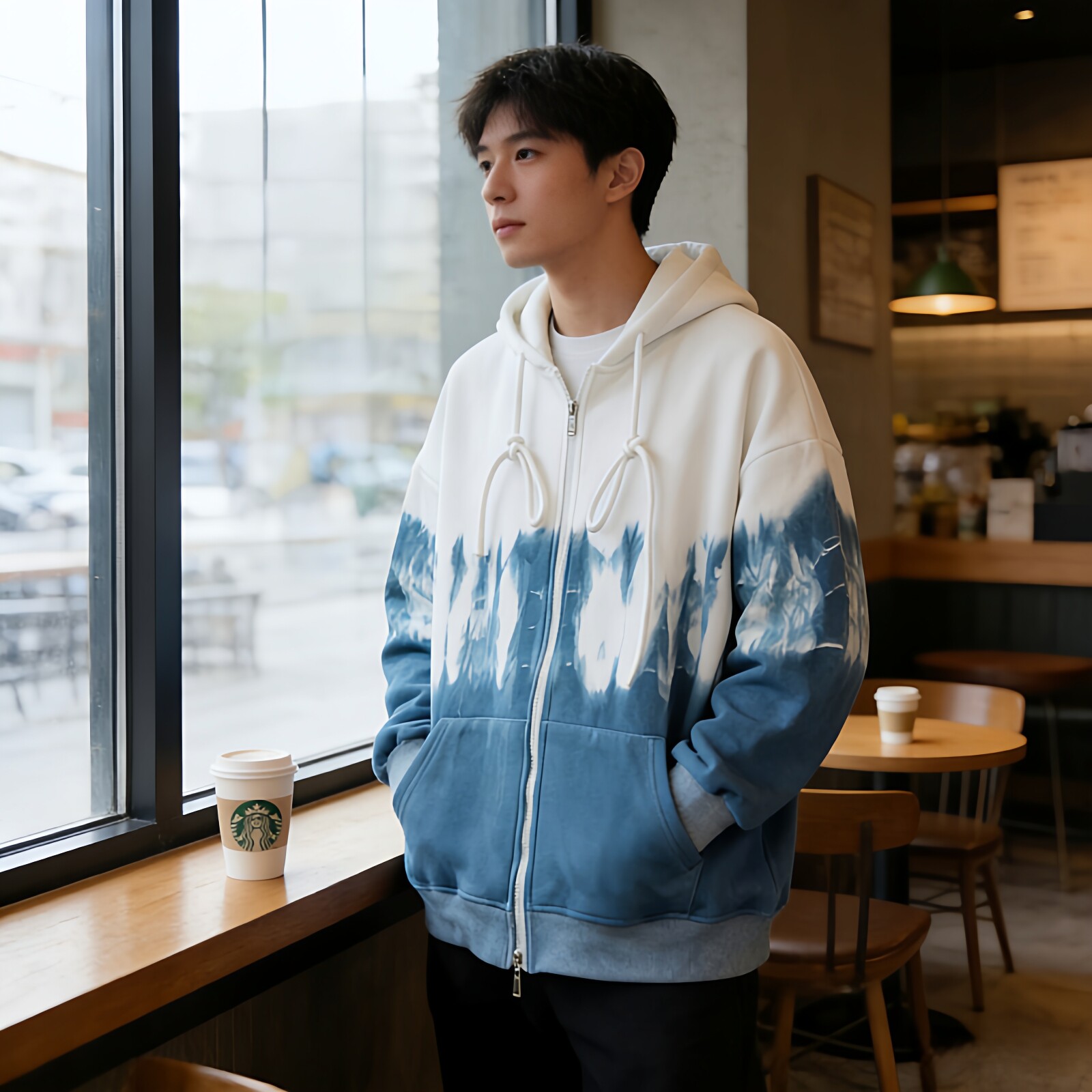 扎染女装连帽卫衣开衫男秋冬季青少年潮牌美式拉链外套男加绒上衣