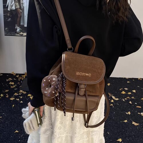 Paopaorol秋冬鹿皮绒毛绒包包女2025新款潮小双肩包通勤学生背包