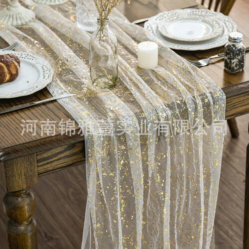 烫金网纱洒金桌旗薄纱金色闪光桌布餐桌装饰亚马逊新款厂家