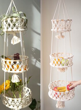 棉绳手工编织挂毯竹圈网兜 水果吊篮 波西米亚风格装饰 植物花篮