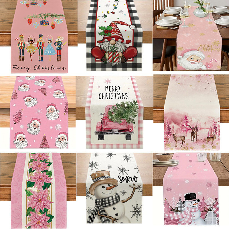 跨境新款冬季圣诞节桌旗定制创意粉色节日氛围装饰亚麻桌布