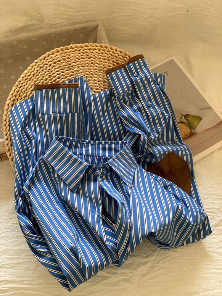 今年流行轻熟法式高级感蓝白条纹翻领衬衫2025年新款百搭减龄上衣