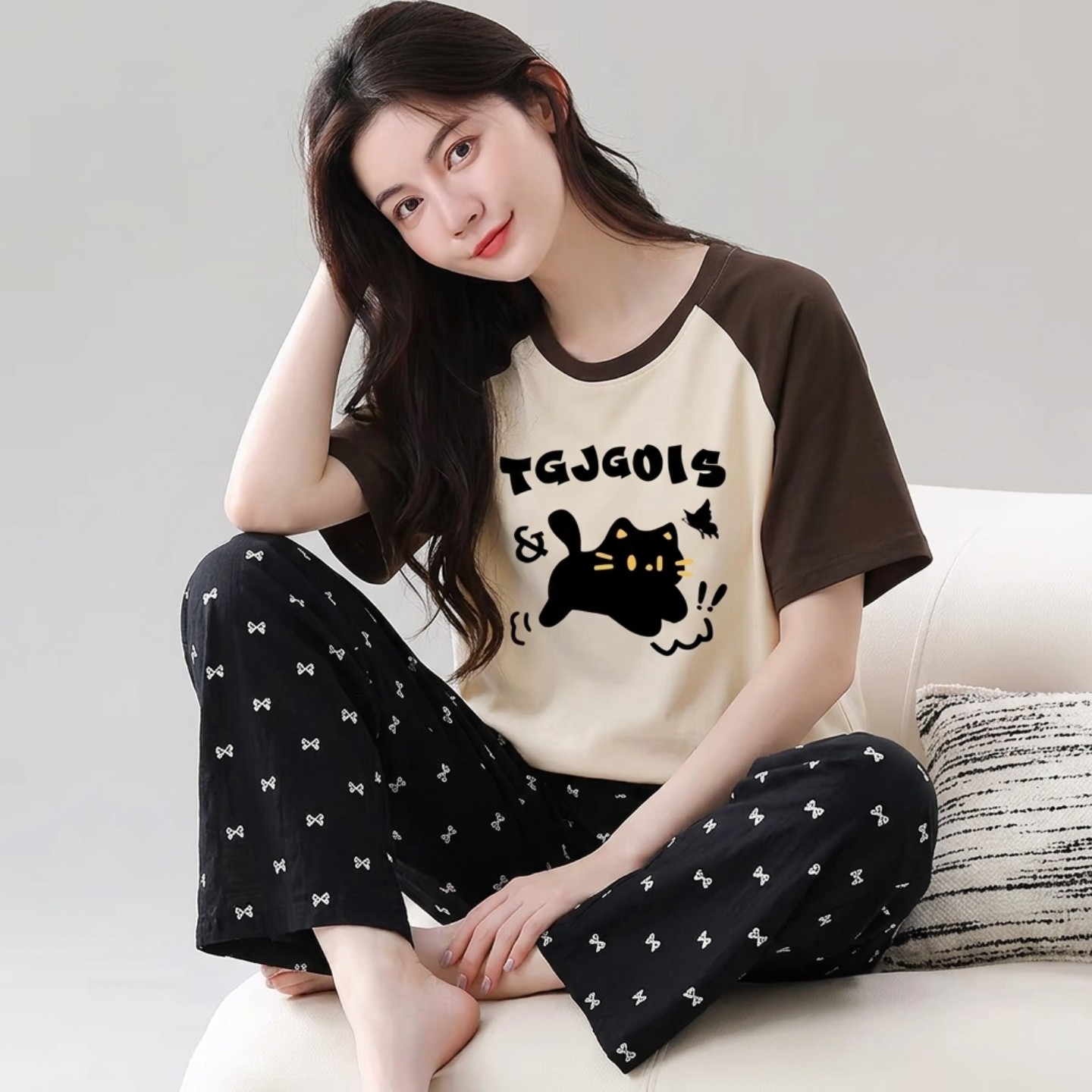 纯棉夏季大码女可外穿睡衣套装图片