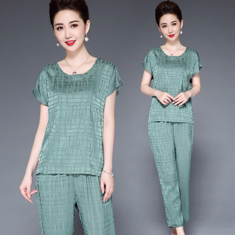 冰丝睡衣女夏季薄款可外穿短袖两件套女士妈妈真丝家居服套装大码