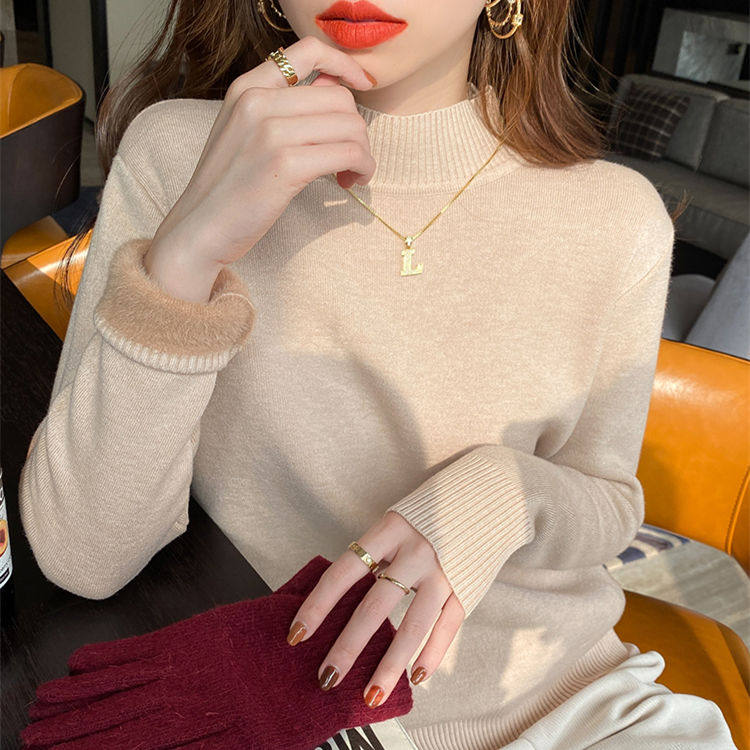 여성용 타이트한 보온 속옷 도톰한 벨벳 가을 겨울 아우터 원피스 벨벳 스웨터 하프 터틀넥 바텀 셔츠 탑