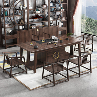 新中式乌金木茶桌椅组合一桌五椅全实木茶台家用办公湿泡台