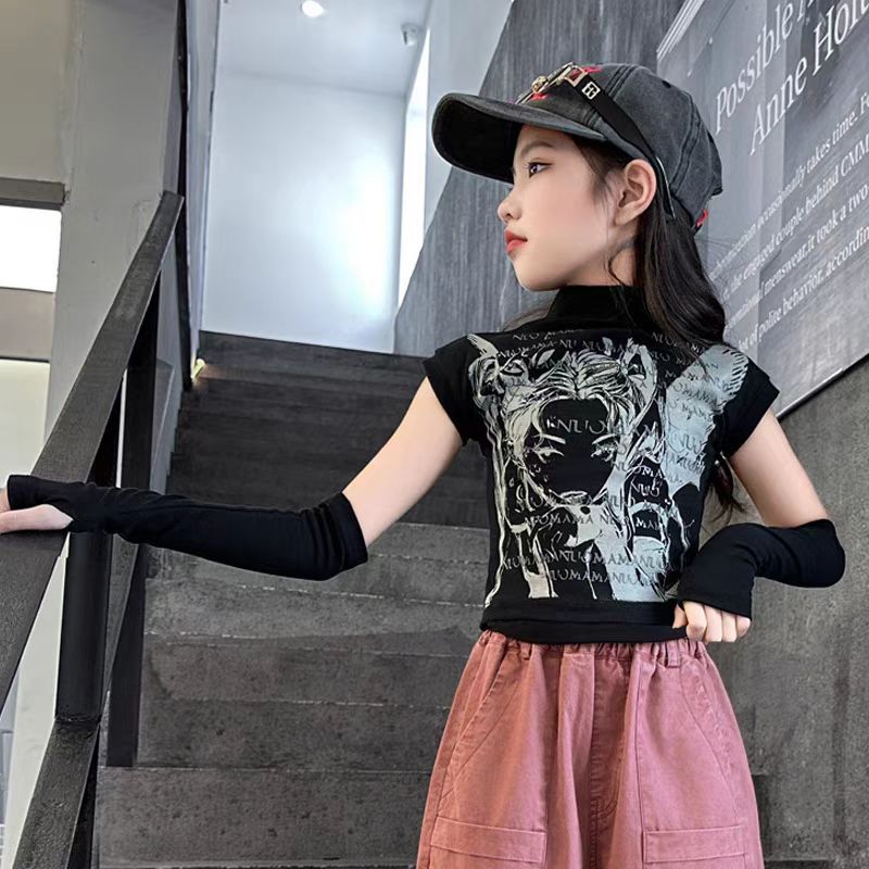 女童印花长袖T恤走秀表演服套装女孩美式炸街上衣紧身爵士舞衣服