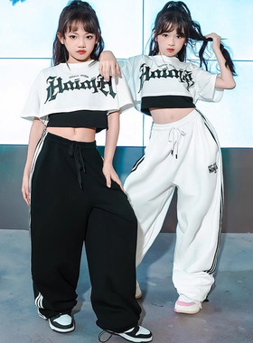 街头街舞女童假两件印花爵士舞短袖jazzT恤短款修身儿童表演出服