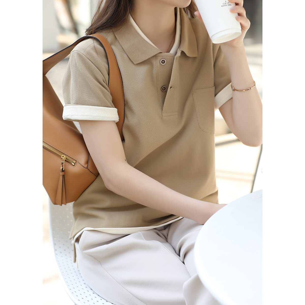 6色可选 轻复古风尚  透气舒爽网眼珠地棉 POLO 翻领短袖T恤 女