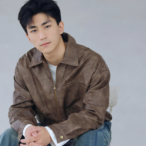 白浪浪 水波纹PU皮咖啡色飞行员皮夹克宽松落肩秋冬男美式美拉德