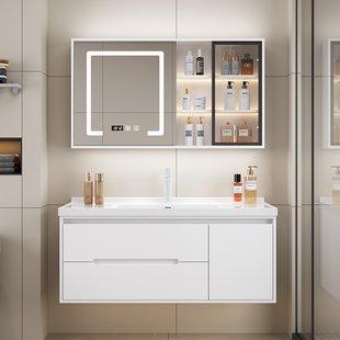 新款 橡木门板洗漱台洗脸盆组合卫生间洗手盆奶油一体浴室柜洗手池