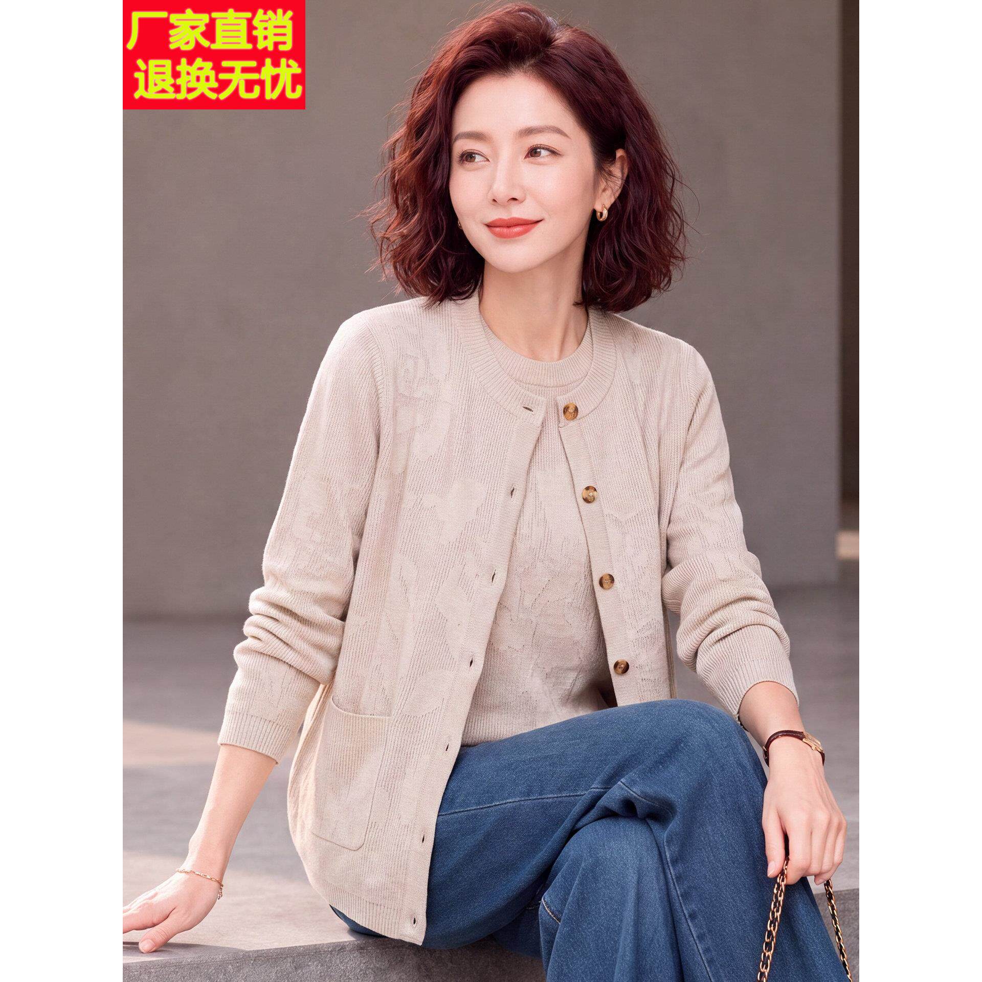 妈妈洋气薄款两件套装中年女装春秋装针织开衫中老年时尚高贵上衣