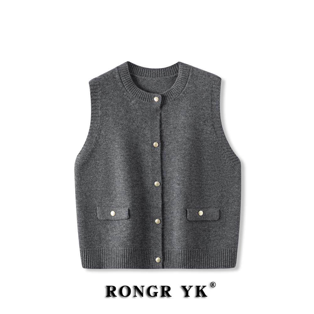 春秋季圆领100%纯羊毛针织马甲女高级感宽松外穿毛衣背心开衫马夹