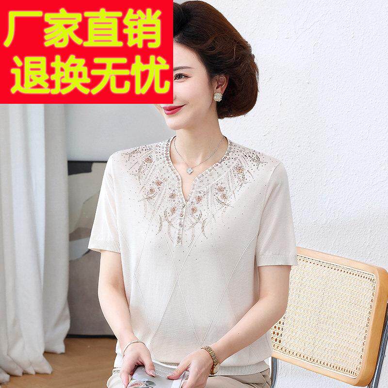 妈妈夏装新款短袖桑蚕丝T恤上衣中老年女装夏季宽松真丝针织小衫