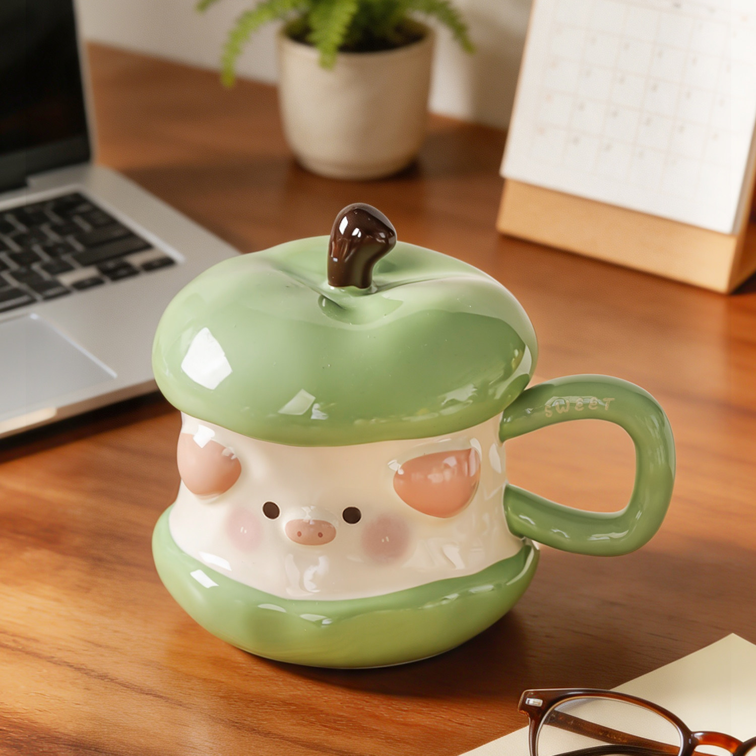瓷都三彩 青苹果小猪马克杯带盖 创意卡通陶瓷水杯女生礼物