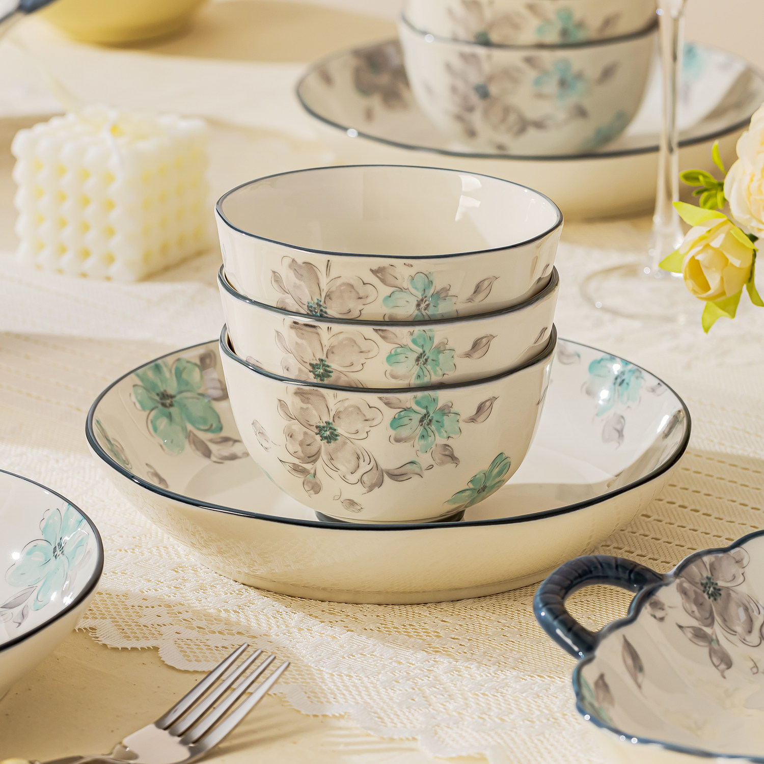 碗盘家用新款高颜值釉下彩景德镇陶瓷碗碟碗筷餐具新婚乔迁礼物,餐饮具,碗,淘宝优惠券,粉丝福利购,淘宝优惠卷