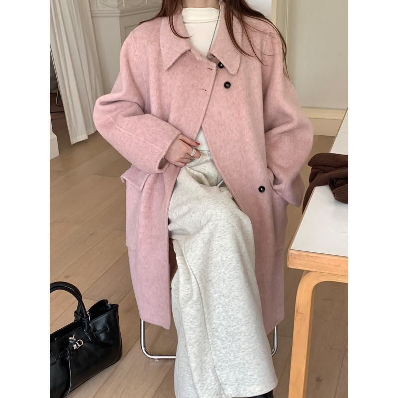 超好看粉色毛呢外套2025新款