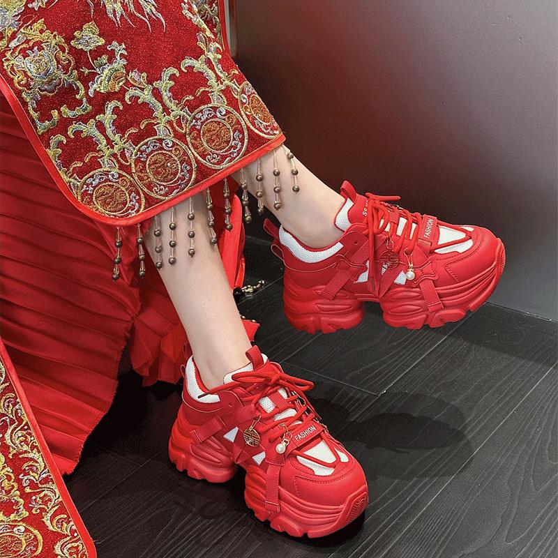 运动休闲秋冬红色厚底7cm新娘鞋