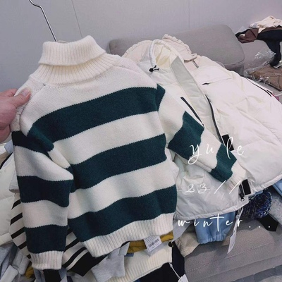 男童女童毛衣2024新款高领条纹撞色冬季加厚加绒不起球高领毛衣