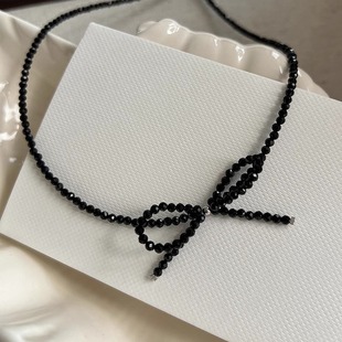 极细天然黑尖晶石颈链女高级感蝴蝶结choker项链气质纯银锁骨链女
