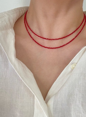 本命年气质正红小众百搭仿水晶串珠锁骨链s925纯银个性叠戴项链女