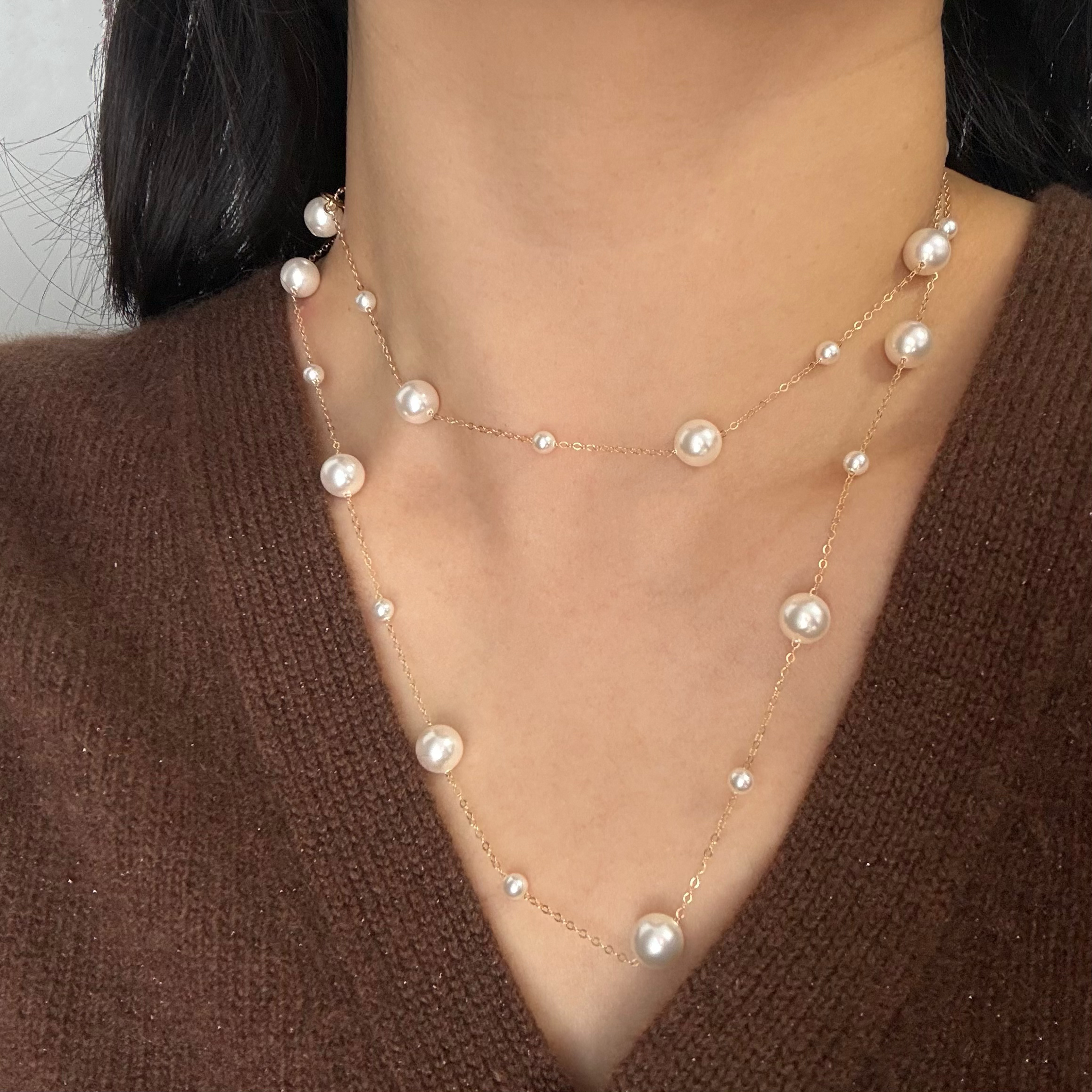 多种戴法 美国14k包金满天星施家澳白珍珠项链轻奢气质长款毛衣链