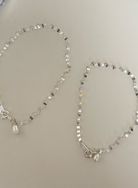 小众设计闪光片片通体s925纯银淡水珍珠简约复古手链百搭通勤手饰