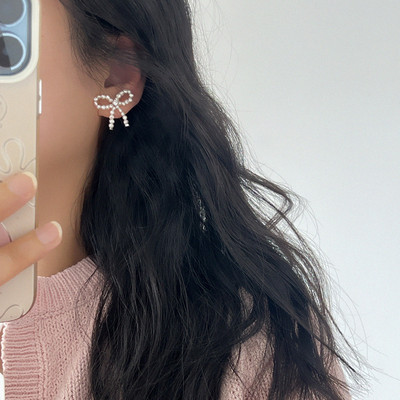 手工耳钉蝴蝶结耳钉925银纯欲女