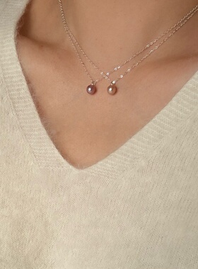 精致小巧极细天然淡水单颗粉紫色珍珠项链s925纯银细闪锁骨链百搭