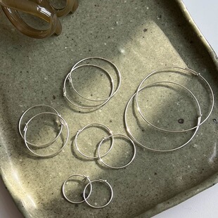 极细美国进口纯银S925素圈耳环女小众设计冷淡风气质简约圆圈耳饰