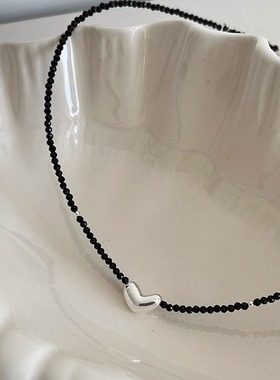 锁骨链天然黑尖晶个性爱心纯银